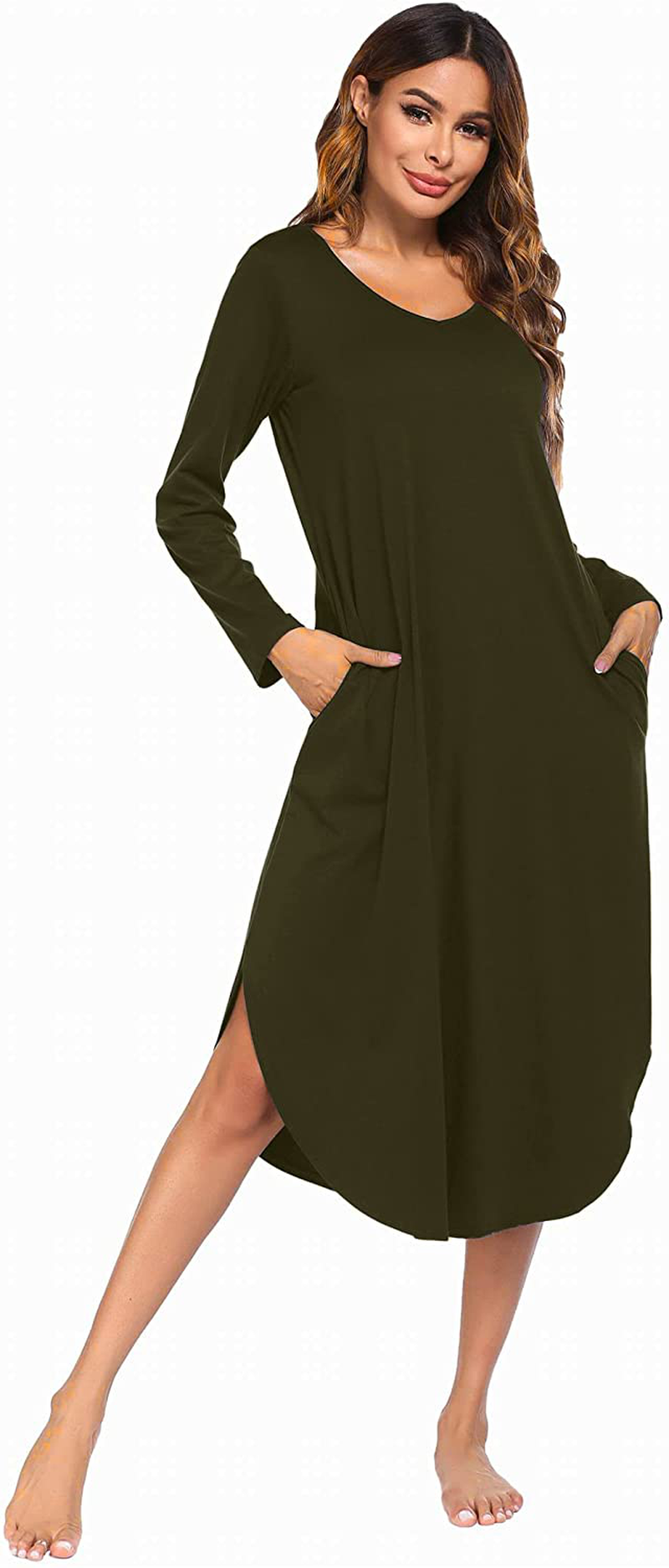 Ekouaer Nightgowns Womens V Neck Nightshirts Long Sleeve Sleepwear plus Size Night Wear S-XXL Apparel & Accessories > Clothing > Sleepwear & Loungewear > Nightgowns Kylie Max   