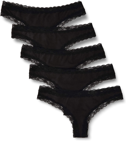 Iris & Lilly Women'S Cotton and Lace Thong Underwear, Pack of 5 Apparel & Accessories > Clothing > Underwear & Socks > Underwear Iris & Lilly Black XX-Large 