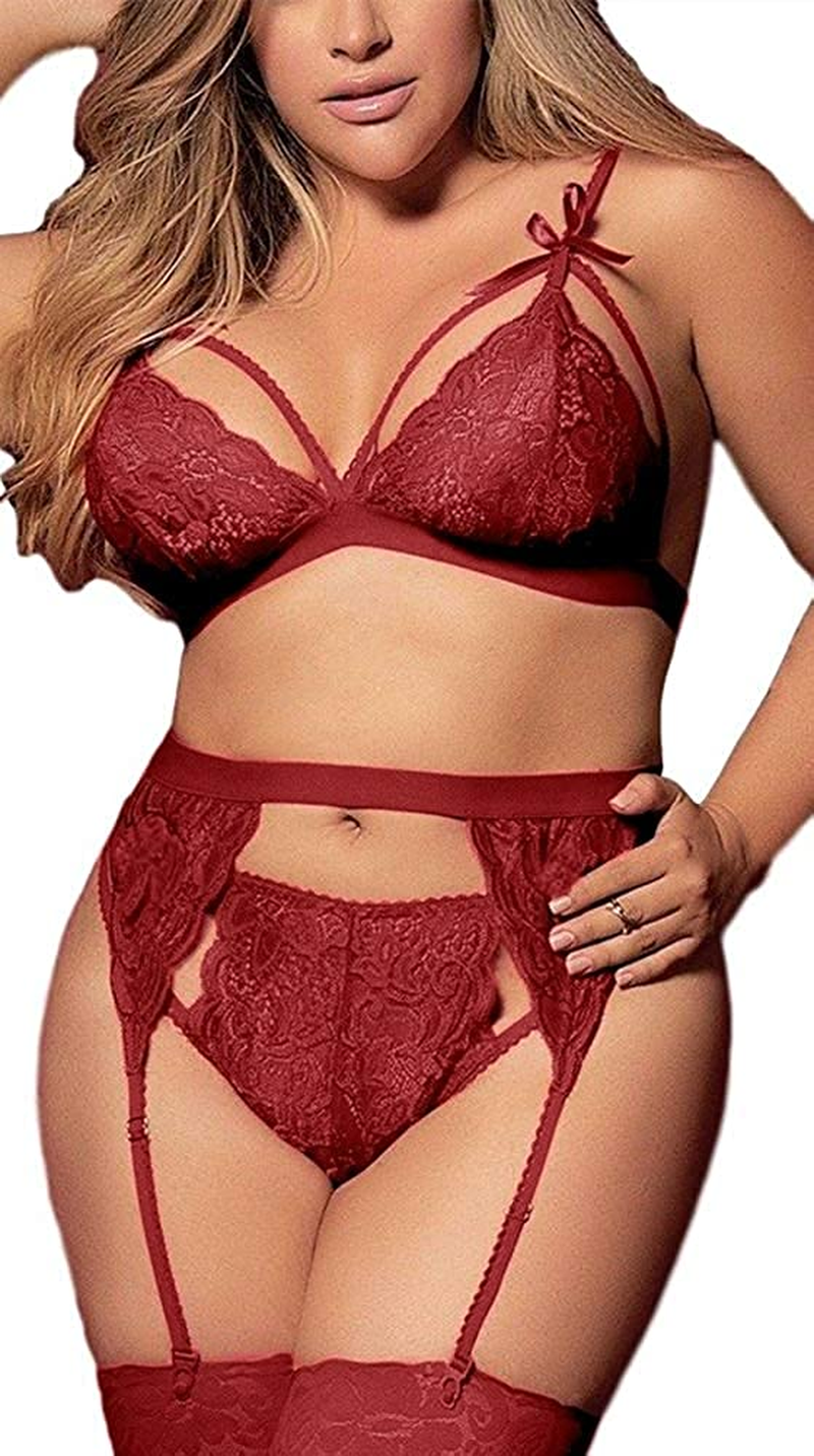 Women plus Size Lingerie Set with Garter Belt 3 Piece Sexy Strap Bra and Panty Lace Bodysuit Apparel & Accessories > Clothing > Underwear & Socks > Lingerie KYLIE MAX Wine XX-Large 