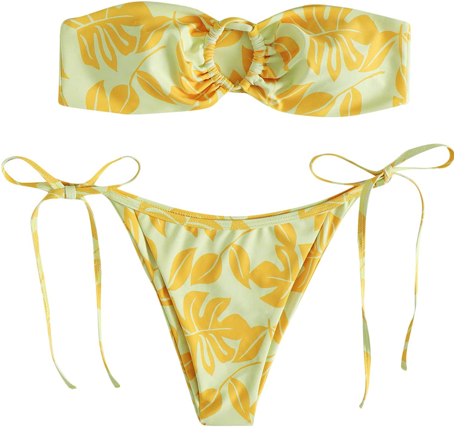 SOLY HUX Women's Floral Print Tie Front Bikini Bathing Suit 2 Piece Swimsuits Apparel & Accessories > Clothing > Swimwear KYLIE MAX Yellow Large 