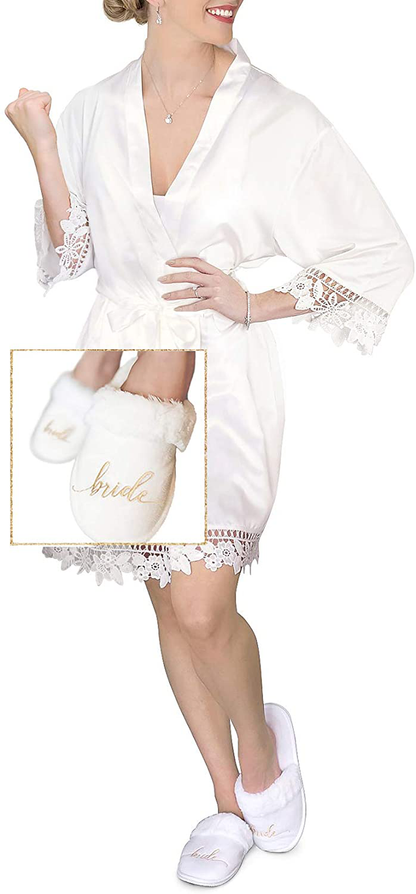 Bride Robe with Slippers | Satin Bridal Robe Bride to Be Kimono | Bridesmaid Proposal Gifts Box Apparel & Accessories > Clothing > Sleepwear & Loungewear > Robes Kylie Max   