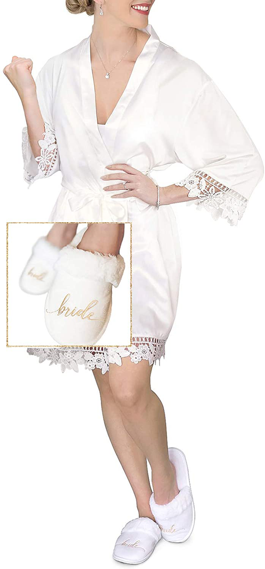 Bride Robe with Slippers | Satin Bridal Robe Bride to Be Kimono | Bridesmaid Proposal Gifts Box Apparel & Accessories > Clothing > Sleepwear & Loungewear > Robes Kylie Max   
