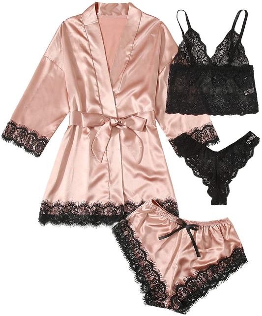 WDIRARA Women'S 4 Pieces Satin Floral Lace Cami Top Lingerie Pajama Set with Robe Apparel & Accessories > Clothing > Underwear & Socks > Lingerie WDIRARA Baby Pink X-Large 