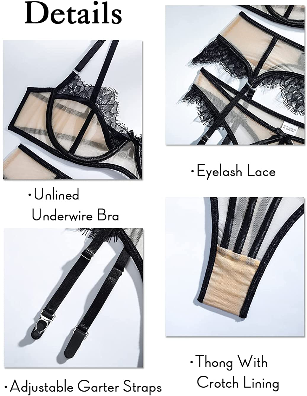 Kaei&Shi Floral Lace Patchwork,Underwire,High Waisted Belt,Thong,Garter Lingerie Set Apparel & Accessories > Clothing > Underwear & Socks > Lingerie Kaei&Shi   