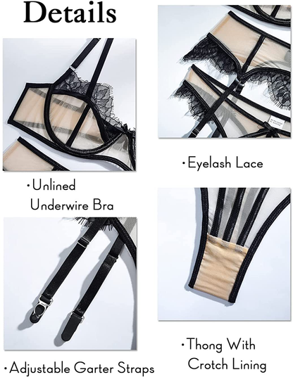 Kaei&Shi Floral Lace Patchwork,Underwire,High Waisted Belt,Thong,Garter Lingerie Set Apparel & Accessories > Clothing > Underwear & Socks > Lingerie Kaei&Shi   