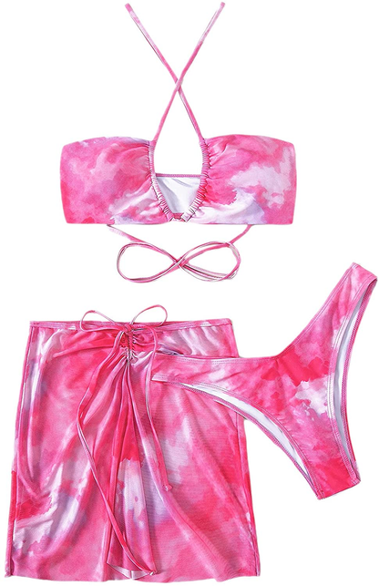 SOLY HUX Women'S Tie Dye Wrap Bikini Bathing Suits with Mesh Beach Skirt 3 Piece Swimsuits Apparel & Accessories > Clothing > Underwear & Socks > Lingerie KYLIE MAX Pink Tie Dye Medium 