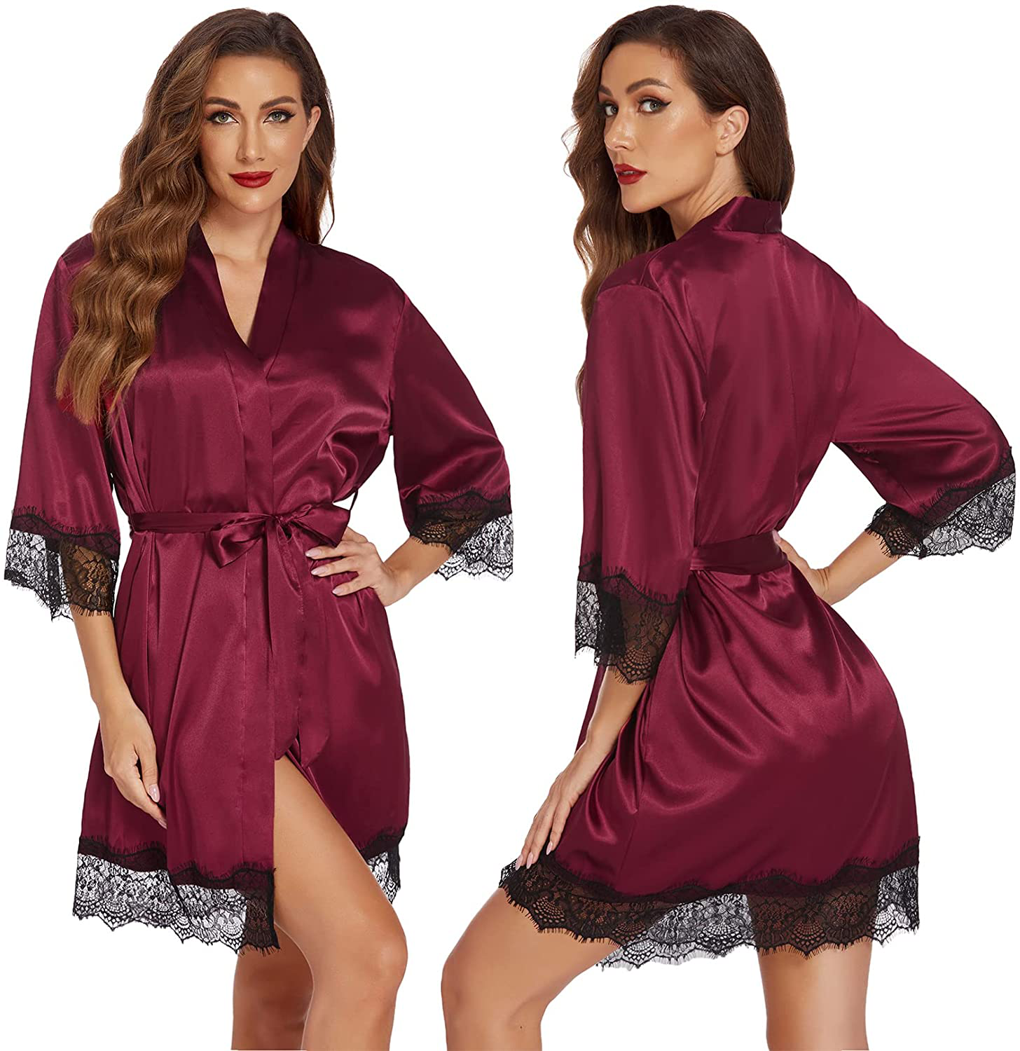Ekouaer Sleepwear for Women Satin Pajama 3 Piece Lingerie Lace Cami Pj Set Sexy V Neck Robe with 3/4 Sleeve Apparel & Accessories > Clothing > Sleepwear & Loungewear Kylie Max   