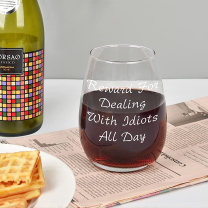 Futtumy Reward For Dealing With Idiots All Day Stemless Wine Glass 15oz, Funny Wine Glass for Men Women Friend Coworker, Novelty Christmas Gift Birthday Gift Gag Gift White Elephant Exchange Gift Arts & Entertainment > Party & Celebration > Gift Giving Futtumy   