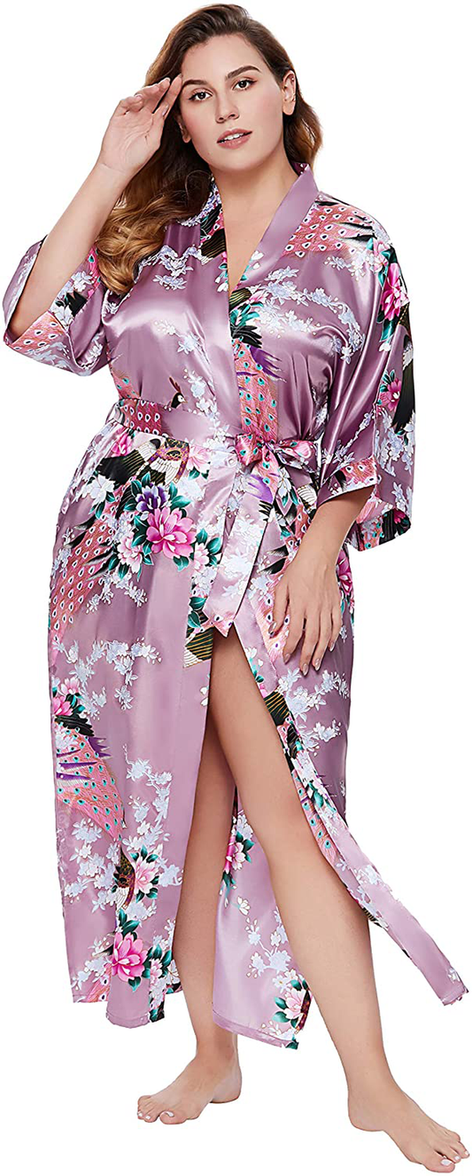 BABEYOND Women'S plus Size Kimono Robe Long Robes with Peacock and Blossoms Printed plus Size Kimono Outfit Apparel & Accessories > Clothing > Sleepwear & Loungewear > Robes KYLIE MAX Mulberry Wine 2X 