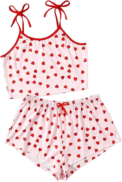 Romwe Women'S 2 Pieces Cherry Print Cute Pajama Set Tie Shoulder Cami Top and Shorts Sleepwear Apparel & Accessories > Clothing > Sleepwear & Loungewear Kylie Max   
