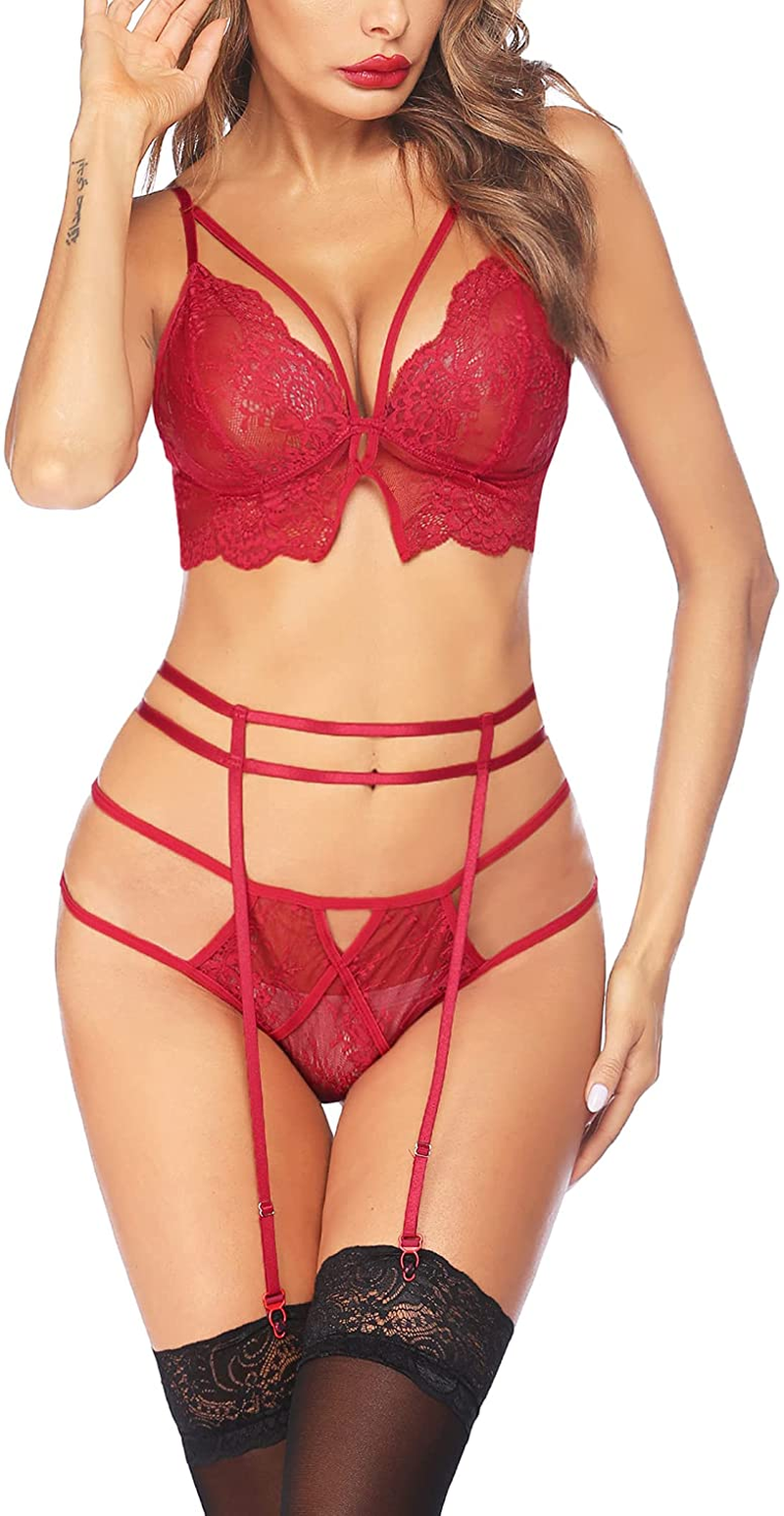 Avidlove Lingerie Set for Women Lace Lingerie with Garter Belts 3 Piece Strappy Bralette Set Apparel & Accessories > Clothing > Underwear & Socks > Lingerie Avidlove Wine Red X-Large 