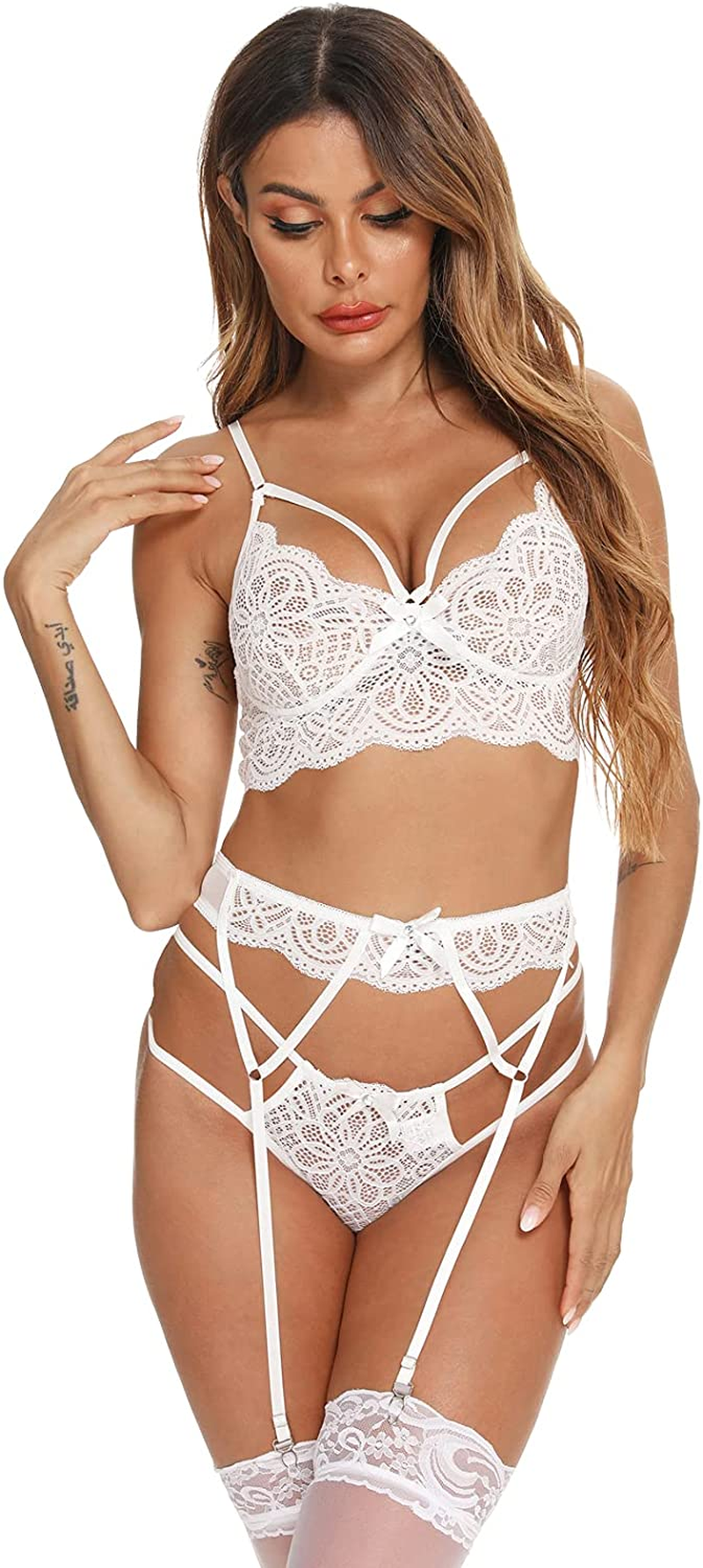 CHEENBOL Lace Lingerie Set for Women 3 Piece Bralette Lingerie Bodysuit with Garter Belt(No Stockings) Apparel & Accessories > Clothing > Underwear & Socks > Lingerie CHEENBOL   