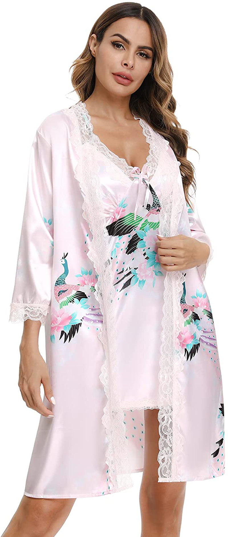 Sykooria Sexy Satin Robes for Women Lace Pajamas Set 2 Piece Sleepwear Ladies Lingerie Nightgown for Bride Party Apparel & Accessories > Clothing > Sleepwear & Loungewear > Robes Sykooria   