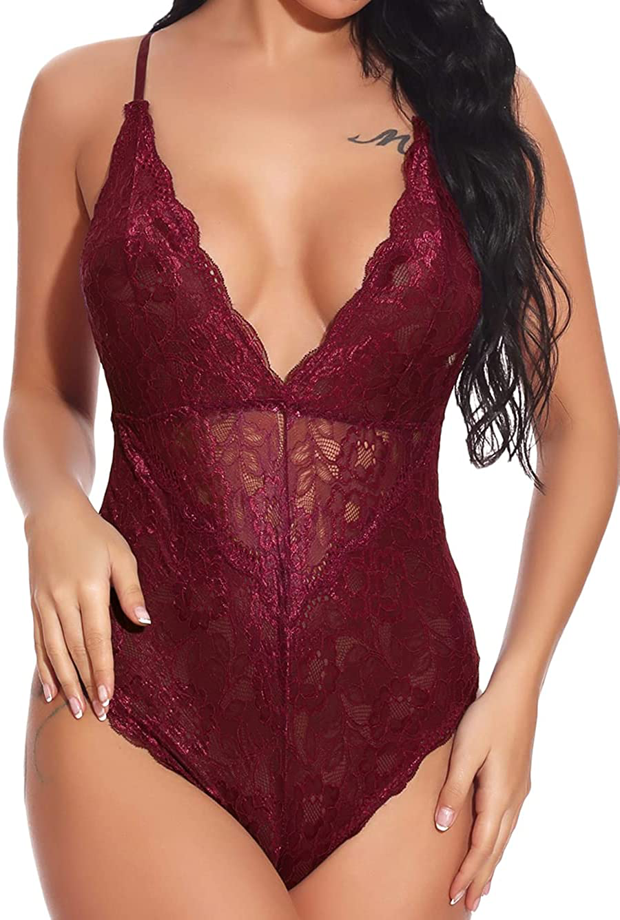 Kaei&Shi V-Neck See Through Lingerie Floral Lace Babydoll Sexy Lingerie for Women One Piece Bodysuit Apparel & Accessories > Clothing > Underwear & Socks > Lingerie Kaei&Shi Dark Red Large 