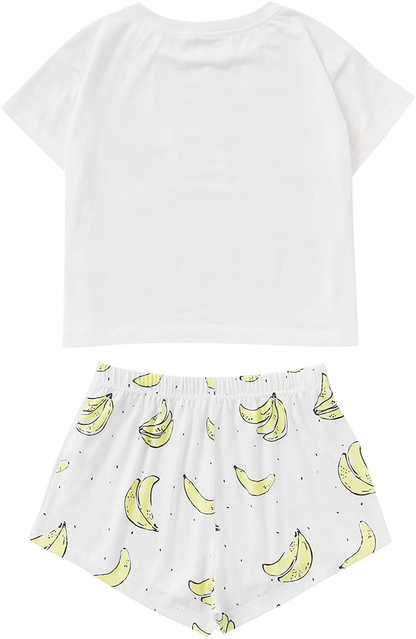 DIDK Women'S Cute Cartoon Print Tee and Shorts Pajama Set Apparel & Accessories > Clothing > Sleepwear & Loungewear > Pajamas Kylie Max   