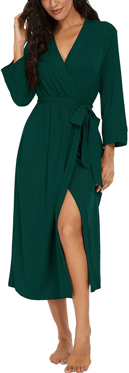 VINTATRE Women Kimono Robes Long Knit Bathrobe Lightweight Soft Knit Sleepwear V-Neck Casual Ladies Loungewear Apparel & Accessories > Clothing > Sleepwear & Loungewear > Robes VINTATRE C03 Dark Green Large 