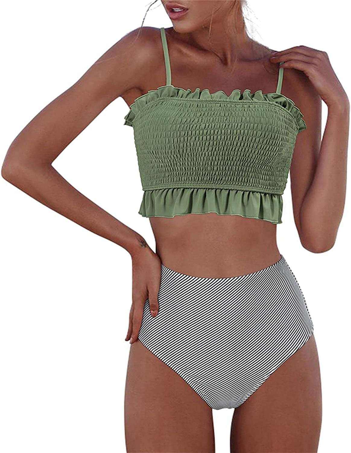 RXRXCOCO Womens Shirred Bandeau Bikini Cute Two Piece Swimsuit Off Shoulder High Waist Bathing Suit Apparel & Accessories > Clothing > Swimwear RXRXCOCO   