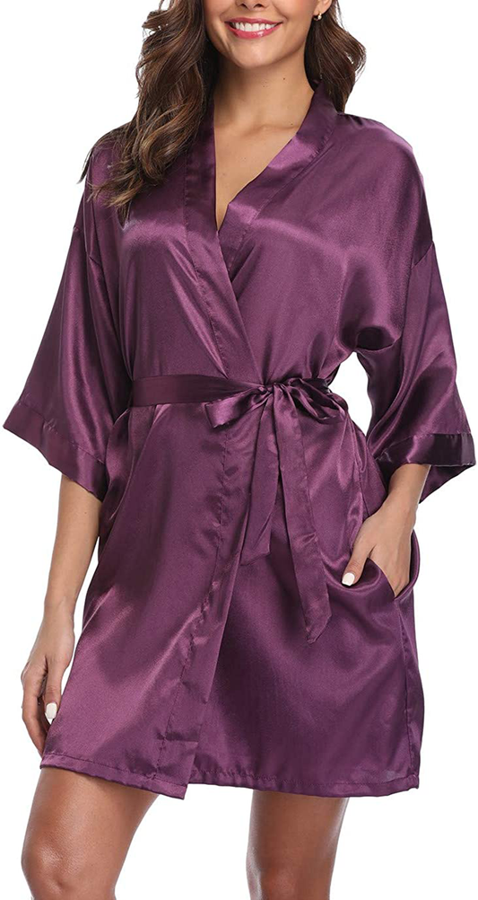 Old-Times Women'S Pure Color Silk Kimono Short Robes for Bridesmaids and Bride Apparel & Accessories > Clothing > Sleepwear & Loungewear > Robes Old-Times Deep Purple X-Large 
