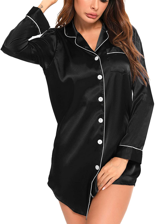 SWOMOG Women'S Satin Sleep Shirt Long Sleeve Sleepwear Silk Nightshirt Button down Pajama Top Apparel & Accessories > Clothing > Sleepwear & Loungewear > Nightgowns Kylie Max   