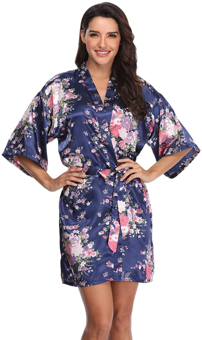Women'S Floral Short Satin Bridesmaid Robes Silky Bride Robes Getting Ready Apparel & Accessories > Clothing > Sleepwear & Loungewear > Robes Super Shopping-zone Navy Floral 1X-2X 