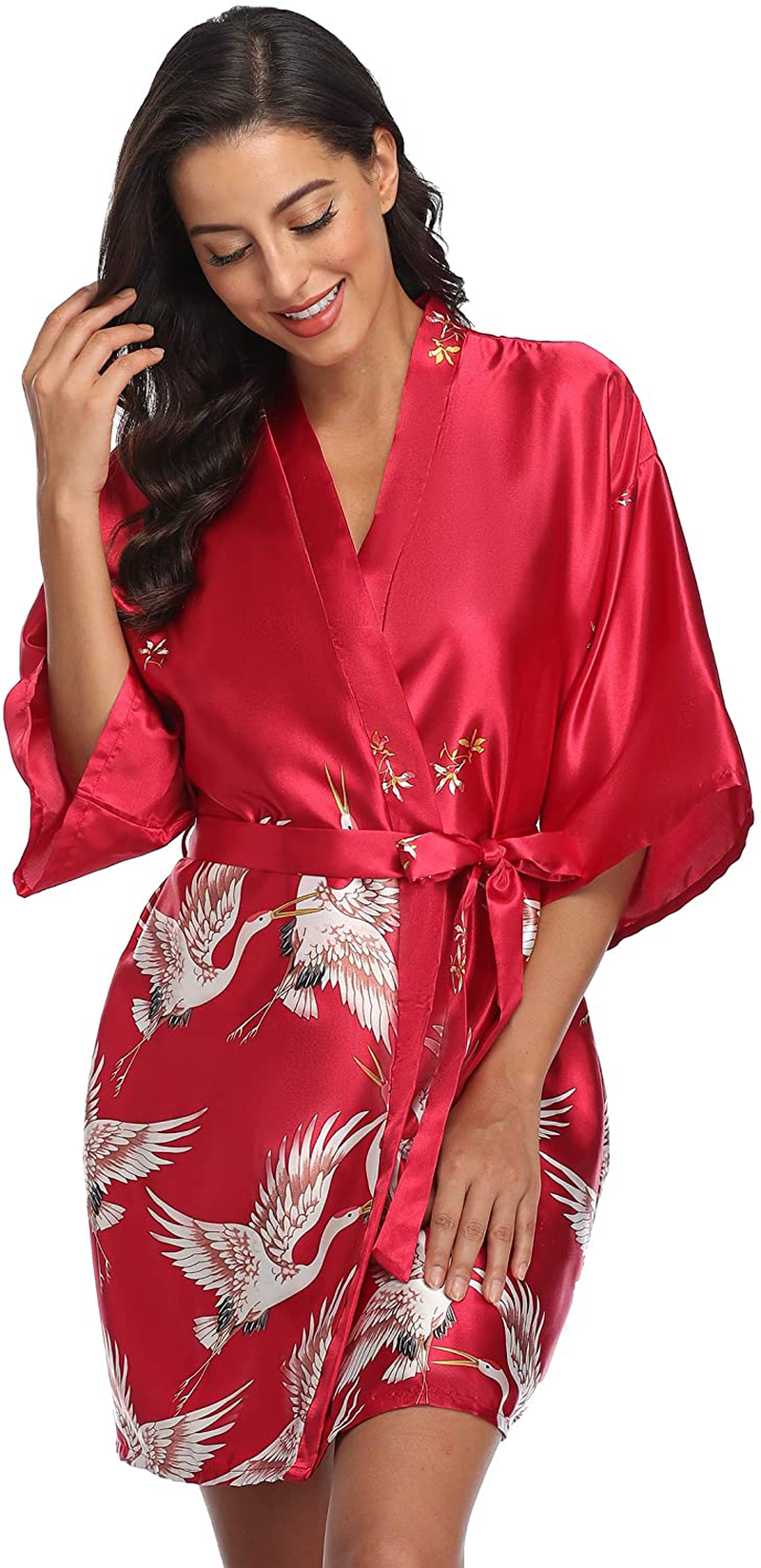Original Kimono Women'S Floral Crane Kimono Robe Short Silky Sleepwear plus Size Satin Spa Party Dressing Gown Apparel & Accessories > Clothing > Sleepwear & Loungewear > Robes Original Kimono Red Large 