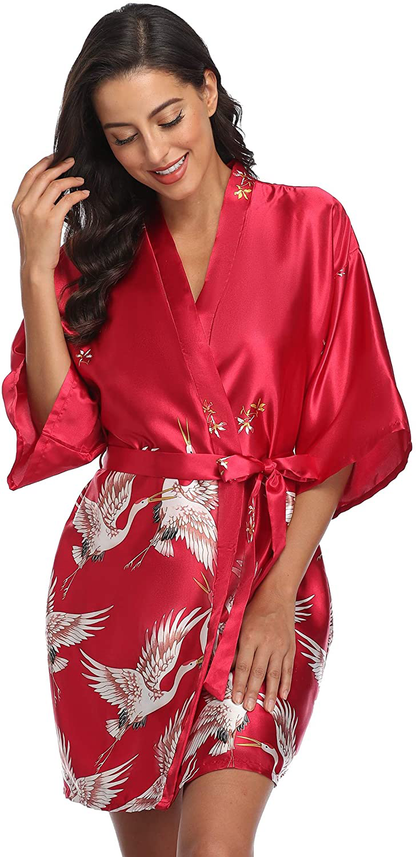 Original Kimono Women'S Floral Crane Kimono Robe Short Silky Sleepwear plus Size Satin Spa Party Dressing Gown Apparel & Accessories > Clothing > Sleepwear & Loungewear > Robes Original Kimono Red Large 