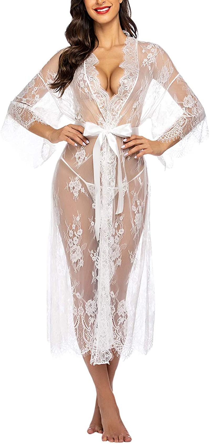 Avidlove Women Sexy Long Lace Lingerie Kimono Robe Sheer Babydoll Nightgown Nightdress Apparel & Accessories > Clothing > Underwear & Socks > Lingerie Kylie Max   
