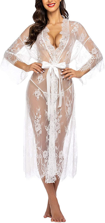 Avidlove Women Sexy Long Lace Lingerie Kimono Robe Sheer Babydoll Nightgown Nightdress Apparel & Accessories > Clothing > Underwear & Socks > Lingerie Kylie Max   