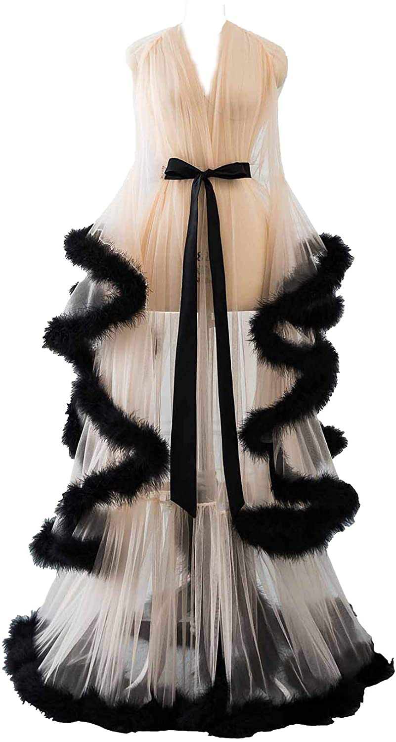 Changuan Sexy Illusion Long Lingerie Robe Nightgown Bathrobe Sleepwear Feather Bridal Robe Wedding Scarf Apparel & Accessories > Clothing > Sleepwear & Loungewear > Robes Changuan   