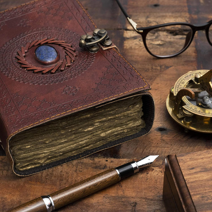 Large Leather Journal with Semi Precious Stone - Lock Closure, 240 pages Antique Deckle Edge Paper - Book of Shadows, Grimoire Journal, Witch Journal for Men and Women - 11.5" x 8.25" Arts & Entertainment > Party & Celebration > Gift Giving NomadCraftsCo.   