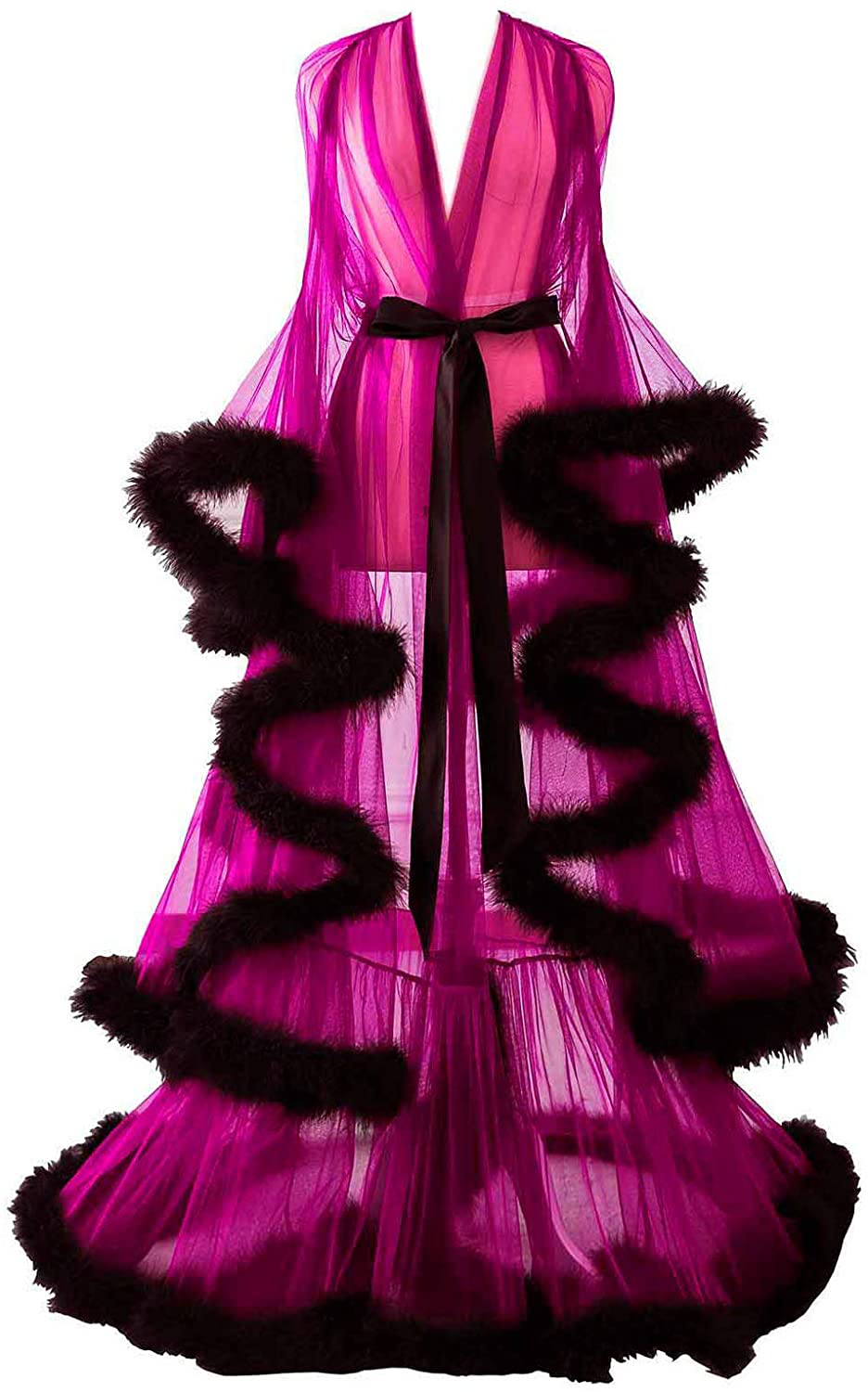 Changuan Sexy Illusion Long Lingerie Robe Nightgown Bathrobe Sleepwear Feather Bridal Robe Wedding Scarf Apparel & Accessories > Clothing > Sleepwear & Loungewear > Robes Changuan   