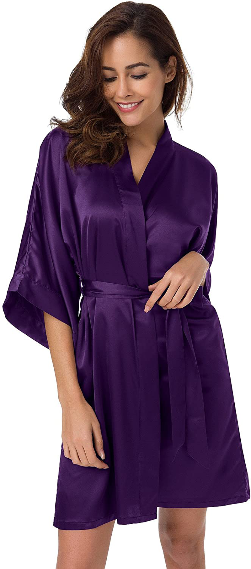 SIORO Women'S Satin Robe Silk Kimono Bathrobe for Bride Bridesmaids Wedding Party Loungewear Short S-XXL Apparel & Accessories > Clothing > Sleepwear & Loungewear > Robes KYLIE MAX Eggplant Large 