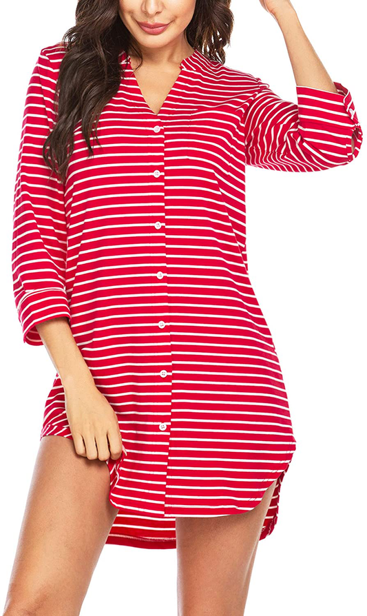 Ekouaer Women'S Nightgown Striped Sleepwear 3/4 Sleeves Nightshirts Soft Button Sleep Dress Apparel & Accessories > Clothing > Sleepwear & Loungewear > Nightgowns Kylie Max   