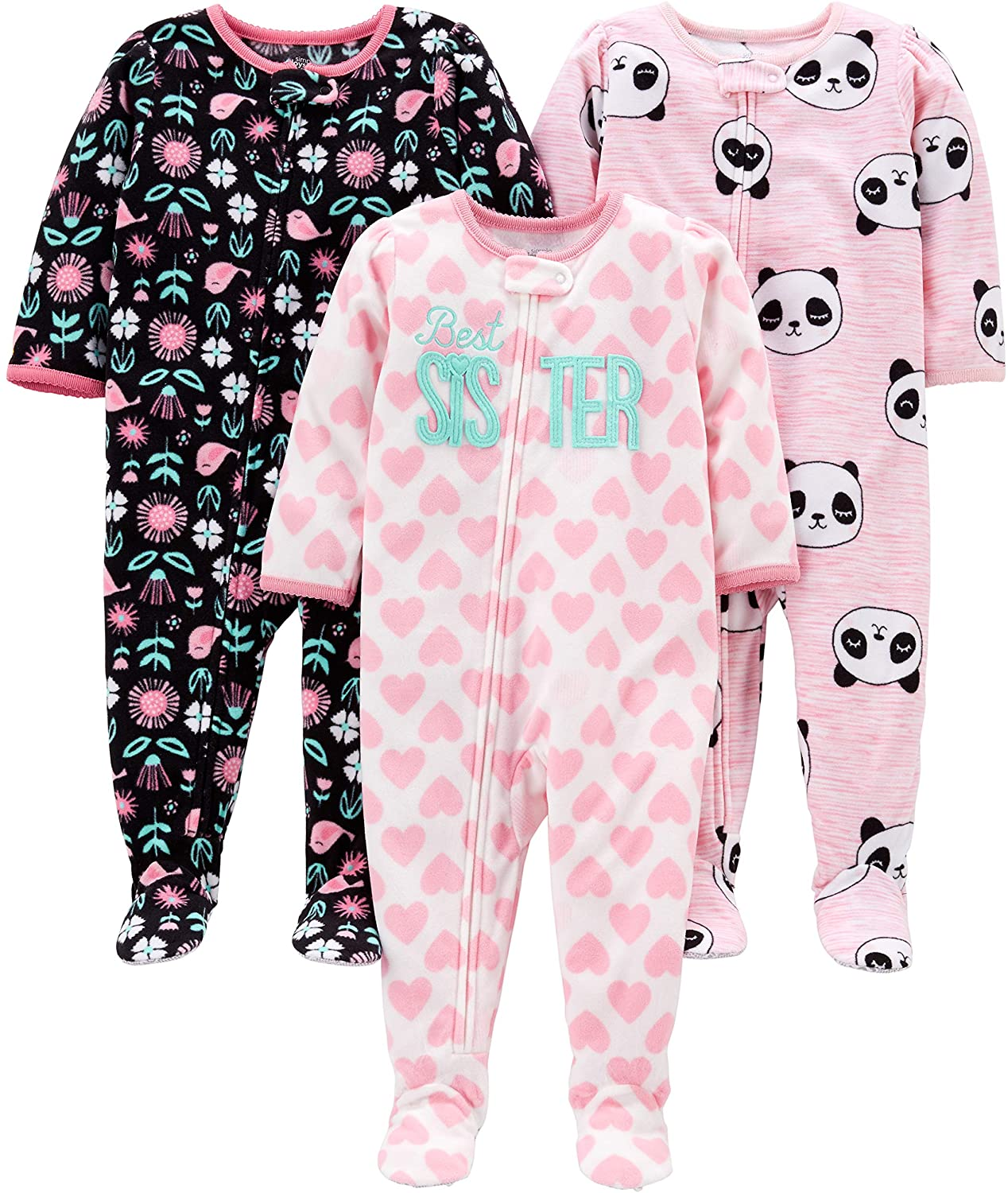 Simple Joys by Carter'S Toddler and Baby Girls' Loose Fit Fleece Footed Pajamas, Pack of 3 Apparel & Accessories > Clothing > Underwear & Socks > Lingerie Simple Joys by Carter's Pink/Navy, Panda/Floral 3T 