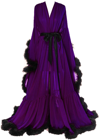 Molisa Women'S Sexy Feather Bridal Robe Long Wedding Scarf Illusion Bathrobe Sleepwear Lingerie Robe Nightgown Apparel & Accessories > Clothing > Sleepwear & Loungewear > Robes Molisa Plum+black XX-Large 