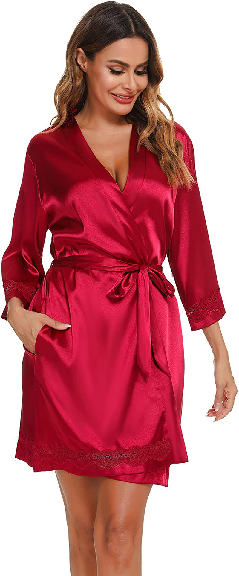 Vlazom Women'S Kimono Robes Short Satin Pure Color Bridal Party Robe with Oblique V-Neck Apparel & Accessories > Clothing > Sleepwear & Loungewear > Robes KYLIE MAX Z-wine Red Medium 