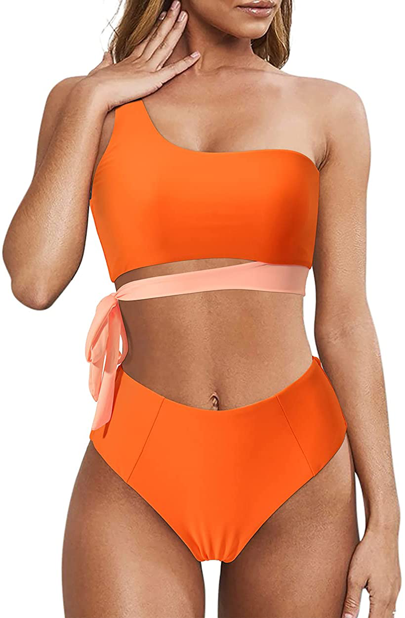 MOOSLOVER Women One Shoulder High Waisted Bikini Tie High Cut Two Piece Swimsuits Apparel & Accessories > Clothing > Swimwear MOOSLOVER Orange Medium 
