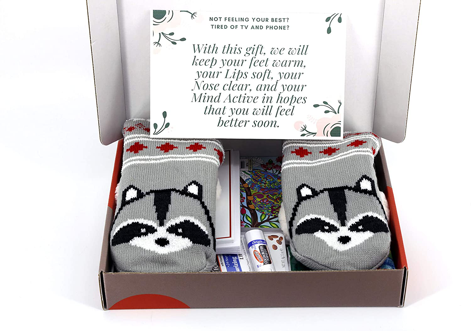 Get Well Gifts for Women Beat the Boredom Box Non Food Gift Basket Get Well Message Plush Non-Slip Socks Lip Balm Travel Tissue Cream Crossword Book Word Search Book Adult Coloring Books Cards Markers Arts & Entertainment > Party & Celebration > Gift Giving Beat the Boredom Box   