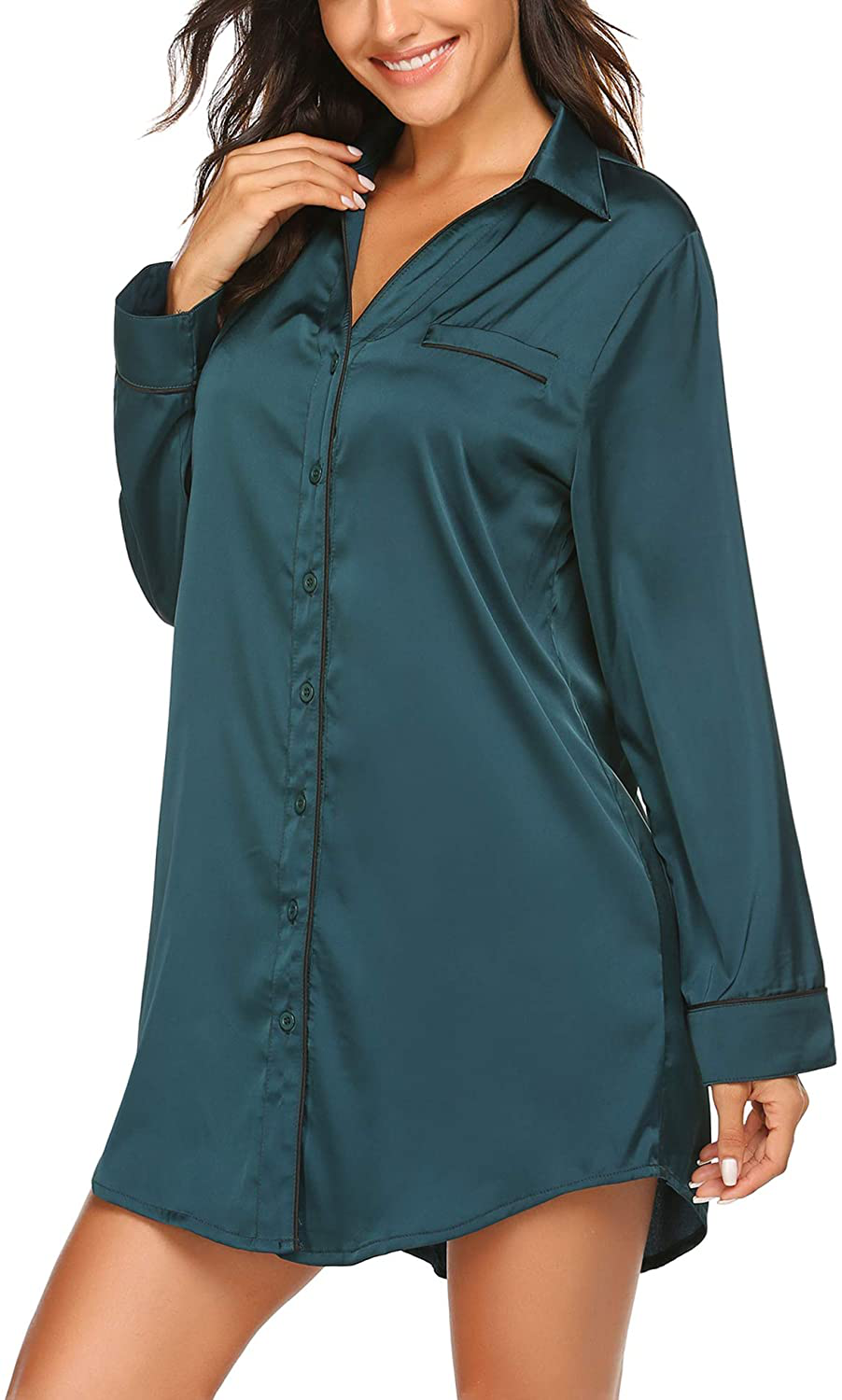 Ekouaer Women'S Long Sleeve Satin Sleepshirt Button down Nightgowns Silk Nightshirt Pajama Top Sleepwear S-XXL Apparel & Accessories > Clothing > Sleepwear & Loungewear > Nightgowns Kylie Max   