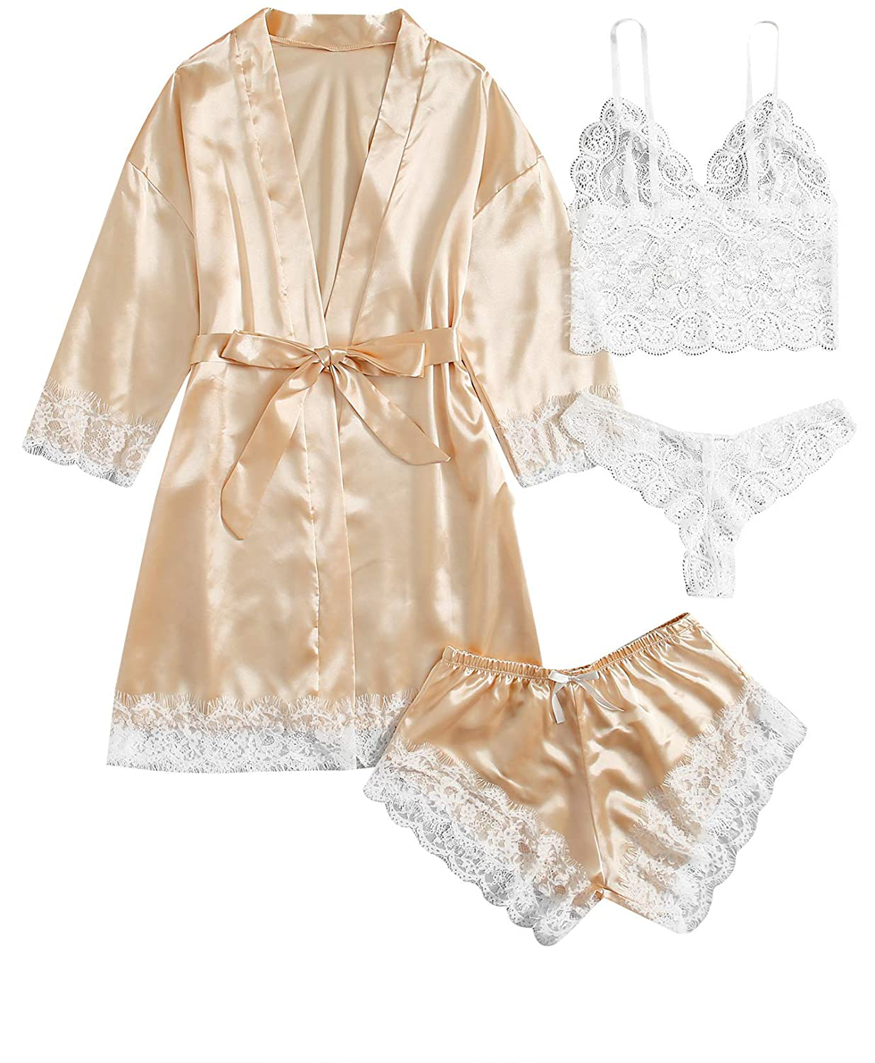 SOLY HUX Women'S Sleepwear 4Pcs Floral Lace Trim Satin Cami Pajama Set with Robe Apparel & Accessories > Clothing > Sleepwear & Loungewear Kylie Max   