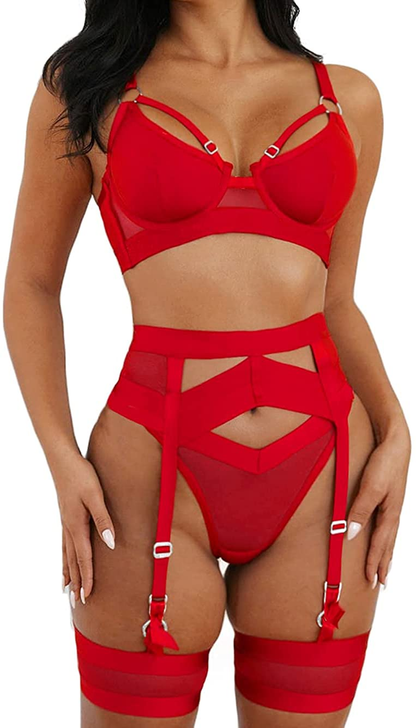 Garter Lingerie for Women,Sexy Lace Lingerie,Sheer Matching 4 Piece Lingerie Set Apparel & Accessories > Clothing > Underwear & Socks > Lingerie Kaei&Shi   