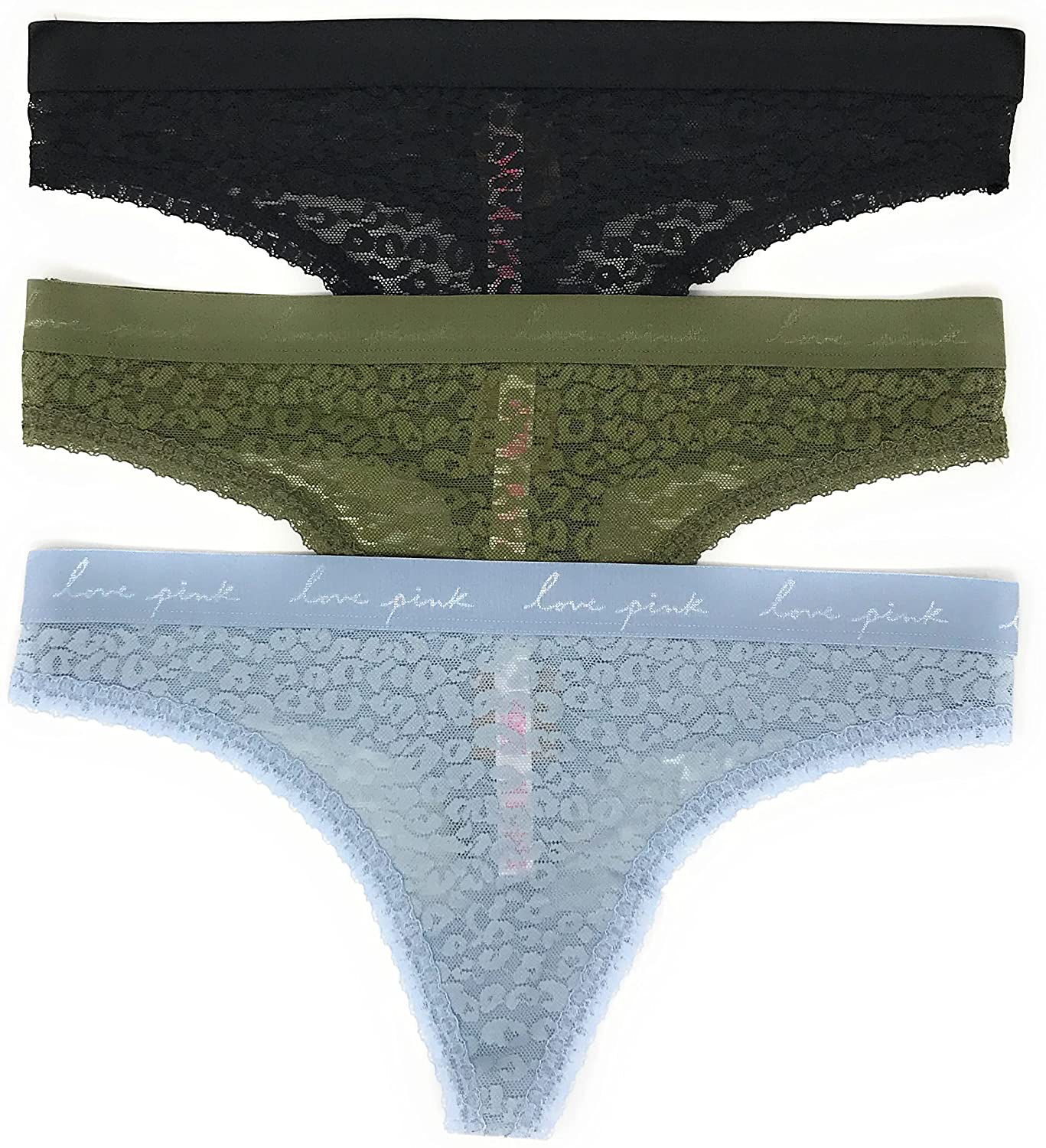Victoria's Secret PINK Thong Panty Set of 3 Apparel & Accessories > Clothing > Underwear & Socks > Underwear Victoria's Secret Lace Black / Olive Logos / Lt Teal Logos Medium 