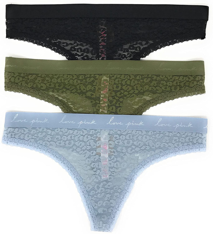Victoria's Secret PINK Thong Panty Set of 3 Apparel & Accessories > Clothing > Underwear & Socks > Underwear Victoria's Secret Lace Black / Olive Logos / Lt Teal Logos Medium 
