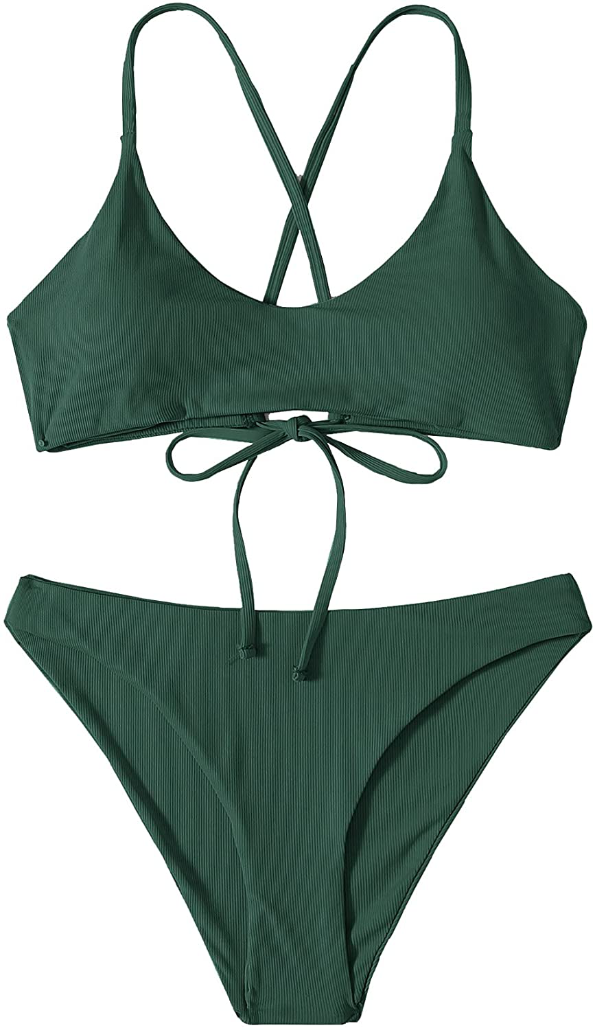 SweatyRocks Women's Bathing Suits Spaghetti Strap Criss Cross Back Bikini Ribbed Swimsuit Apparel & Accessories > Clothing > Swimwear SweatyRocks Solid Green Large 