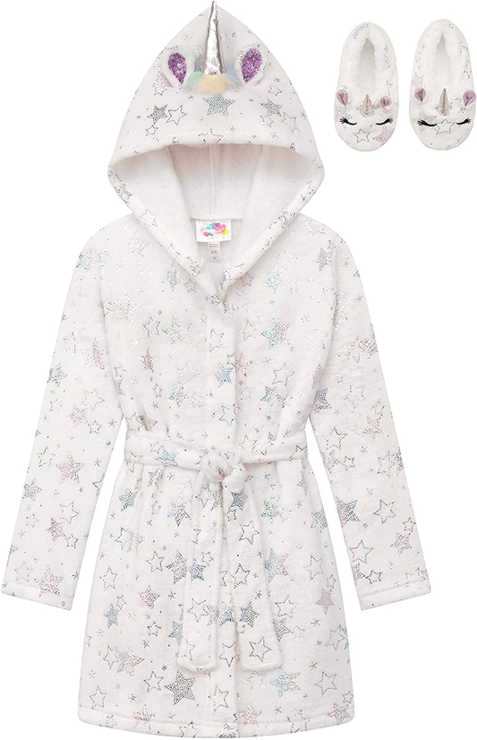 Hooded Terry Robe with Slippers Set for Girls, Unicorn Heart Plush Fleece Robe and Matching Slip-Ons Apparel & Accessories > Clothing > Sleepwear & Loungewear > Robes Kylie Max   