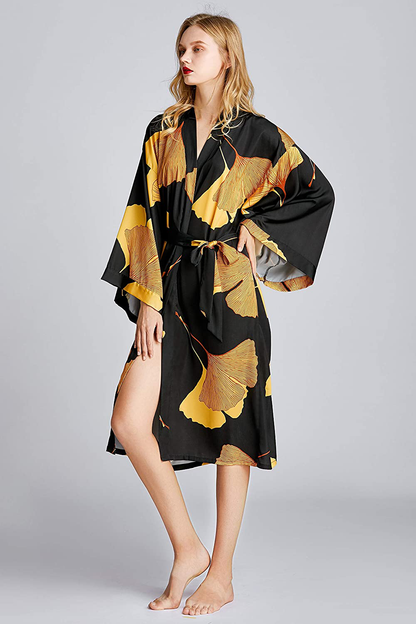 EORUBE Women'S Kimono Robe Long Ginkgo Leaf Printed Satin Robe Bride Bridesmaid Dressing Gown Apparel & Accessories > Clothing > Sleepwear & Loungewear > Robes EORUBE   