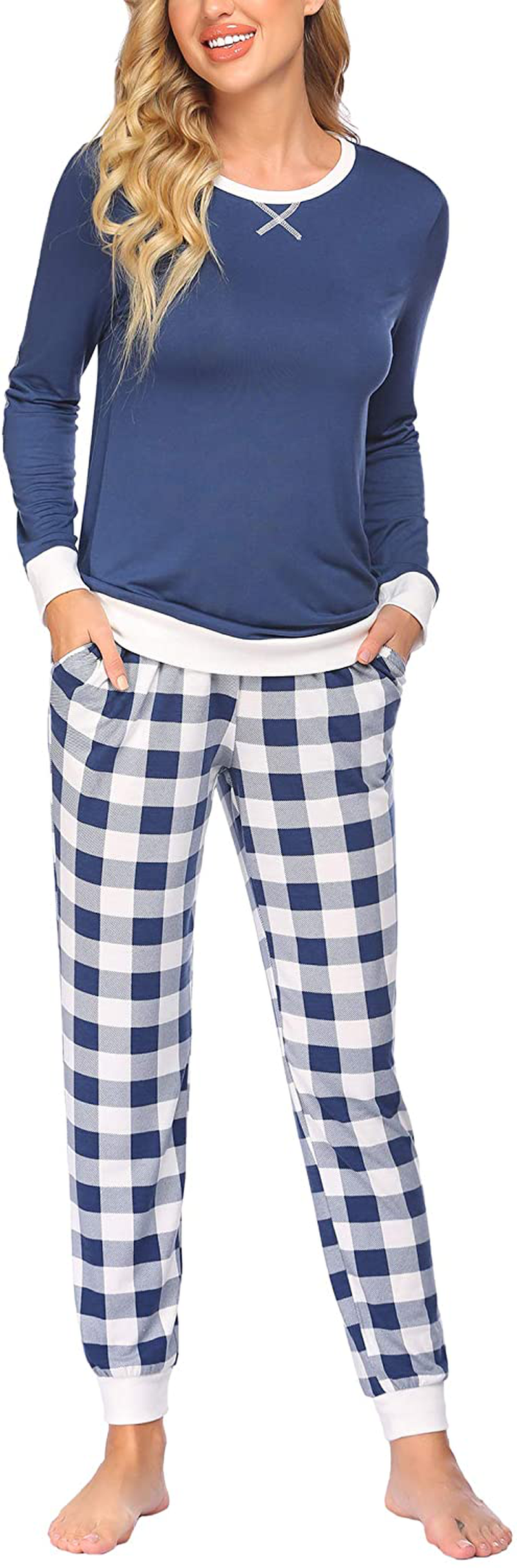 Ekouaer Women's Pajamas Sets Long Sleeve with Plaid Pants Soft Sleepwear O Neck 2 Piece Pjs Joggers Loung Set with Pockets Apparel & Accessories > Clothing > Sleepwear & Loungewear > Pajamas Ekouaer   
