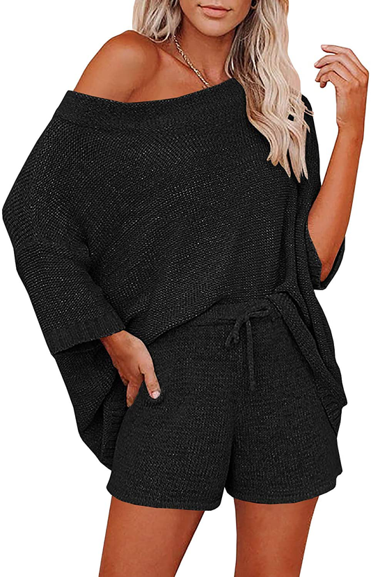 Ermonn Womens 2 Piece Outfits Sweater Sets off Shoulder Knit Tops Waist Short Suits Casual Pajama Set Apparel & Accessories > Clothing > Sleepwear & Loungewear Kylie Max   