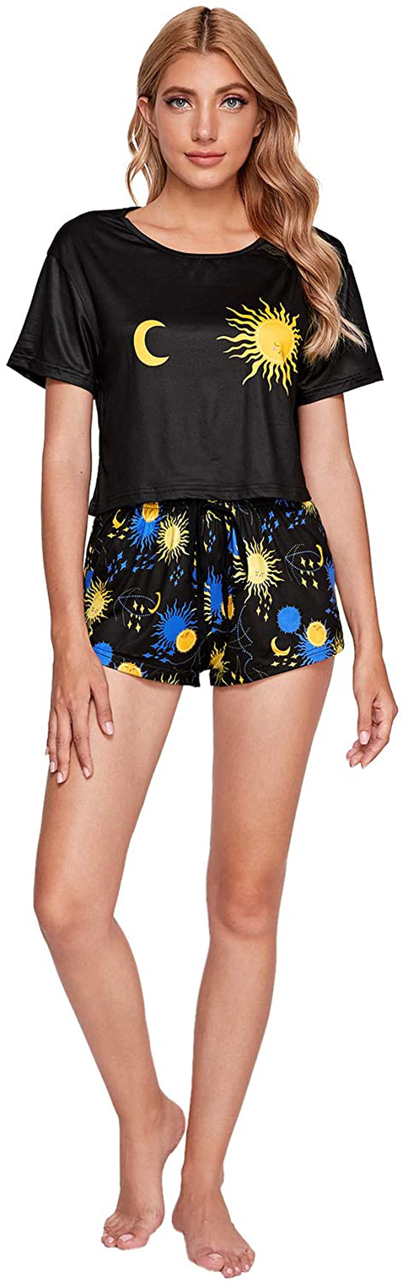 Sweatyrocks Women'S Cute Graphic Print Short Sleeve Crop Top with Shorts Pajama Set Apparel & Accessories > Clothing > Sleepwear & Loungewear Kylie Max   
