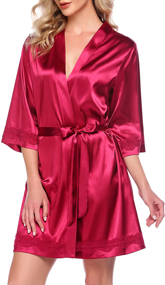 Ekouaer Women'S Lace-Trim Kimono Style Short Satin Robe Sleepwear with 3/4 Sleeve Apparel & Accessories > Clothing > Sleepwear & Loungewear > Robes Kylie Max   